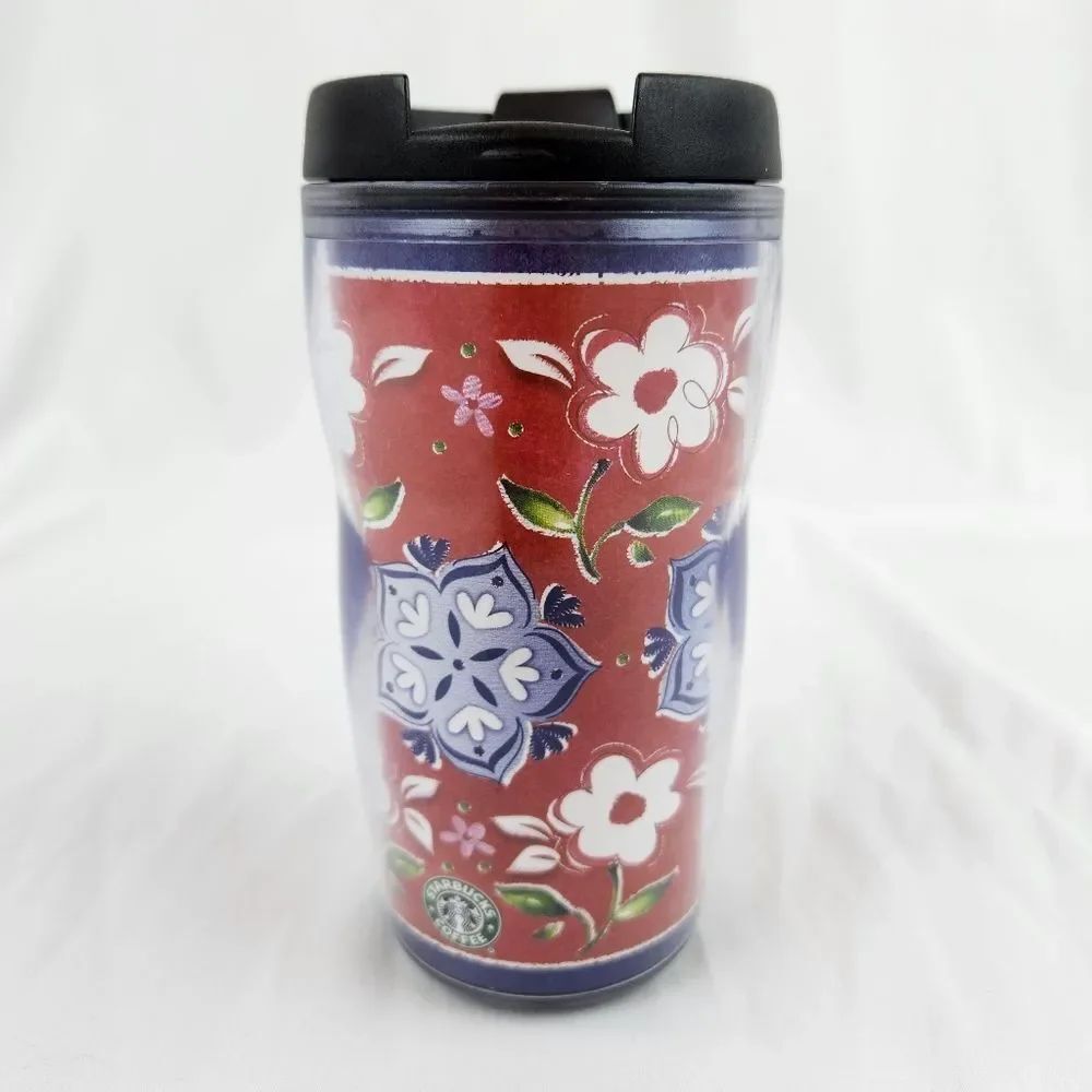 ☕️Vintage 2001 Starbucks Red & Blue Floral Travel Tumbler Mug 8oz